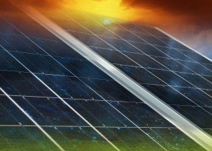 Gradient solar panel with sunset and green field background